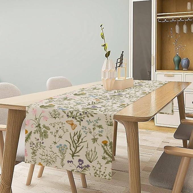 Wildflowers Floral Table Runner, Retro Flower Butterfly Seasonal Spring Summer Kitchen Dinning Table Runner for Indoor Outdoor Home Wedding Party Holiday, 13x120 Inch