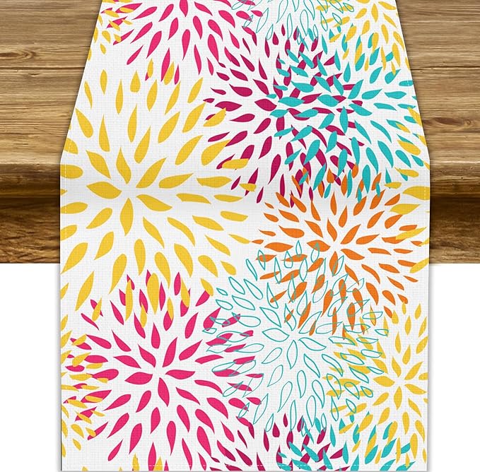 Abstract Flowers Table Runner, Chrysanthemum Dahlia Vintage Modern Colorful Spring Summer Elegant Table Runner for Party Kitchen Dining Living Room Laundry Room Decor, 13x36 Inch
