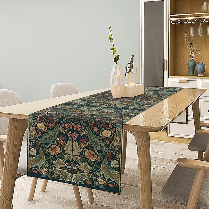 Green Morris Floral Table Runner, Boho Rustic Country Farmhouse Teal Red Rose Pattern for Home Kitchen Table Decor Dining Coffee Room Party Decor 13x108in