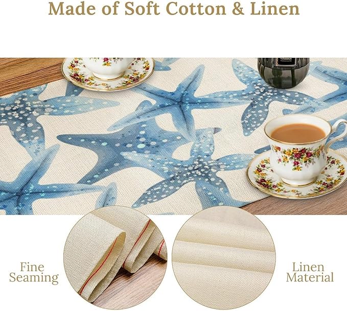 Starfish Plaid Table Flag Green Plaid and Marine Life Starfish Kitchen Table Flag Suitable for Birthday Party Restaurant Decoration Outdoor Picnic 13 * 70 Inch