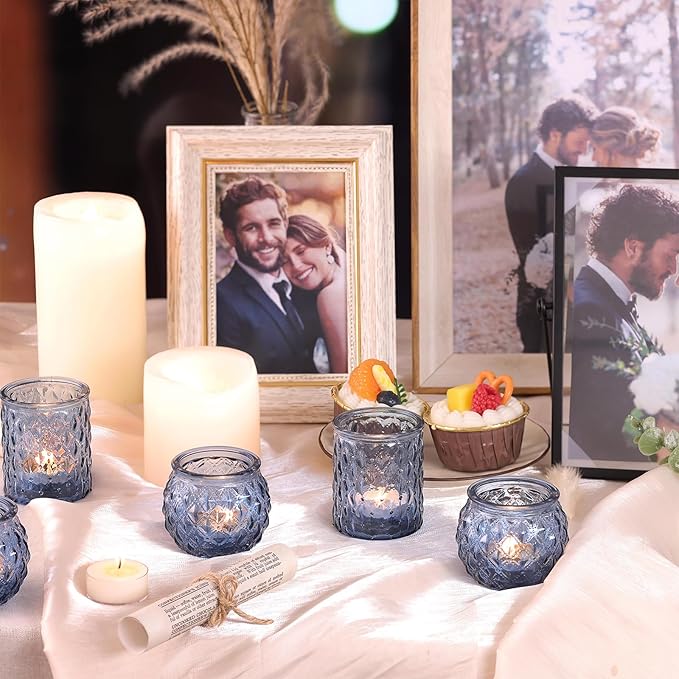 12pcs Assorted Blue Votive Candle Holders, Tea Lights Candle Holder for Wedding Decor, Blue Candle Holders for Table Centerpiece, Bridal Shower, Baby Shower Decorations