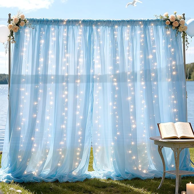 10×10ft Tulle Backdrop Curtains with Lights String - 300LED Fairy Lights Sheer Curtain Backdrop for Weddings Baby Shower and Birthday Party Decorations(6 Panels 5×10ft)