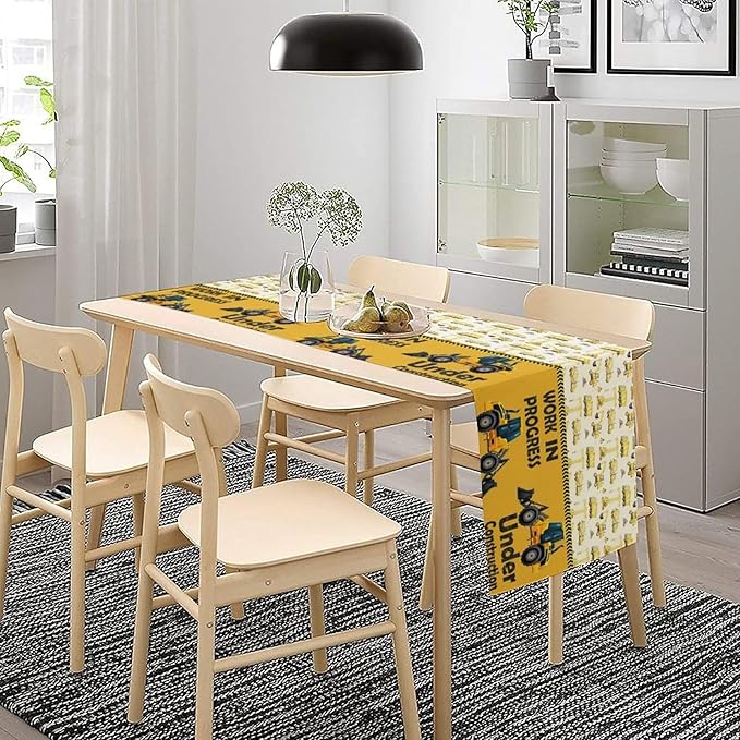 Cartoon Car Table Runner,Boys Kids Construction Vehicles Truck Yellow Print Tablecloth Burlap for Hotel Indoors Outdoor Dining Room Kitchen Home Decor,W13X L70 in
