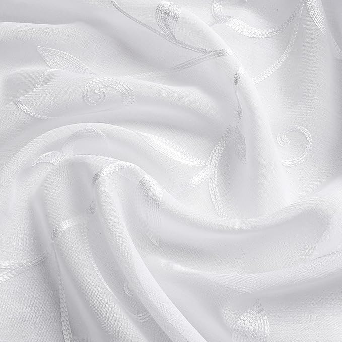 VISIONTEX White Leaves Sheer Voile Curtains, Decorative Embroidery Rod Pocket Window Drapes for Home Living Room and Bedroom 54 x 95 Inch, Set of 2 Curtain Panels