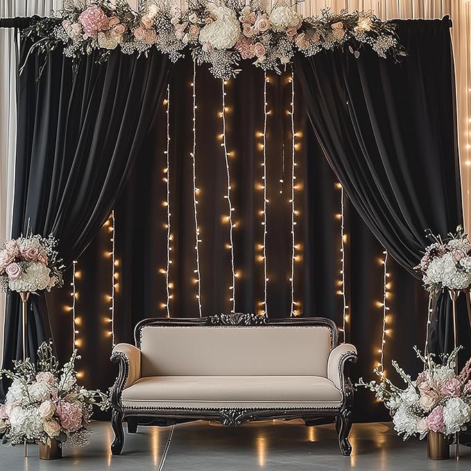 10ftx15ft Wrinkle Free Black Backdrop Curtain, 2 Panels 15FT Height Black Wedding Backdrop Drapes, Silky Polyester Back Drop Cloth for Birthday Photography Background Party Backdrop Draping