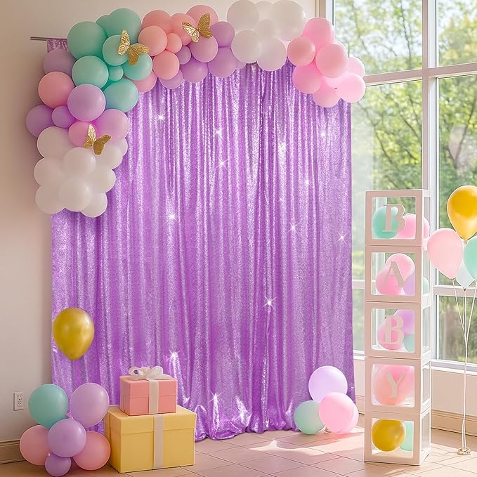 SquarePie Sequin Backdrop Less Transparent Background Sparkly Curtain for Wedding Party 8FT x 8FT Lavender