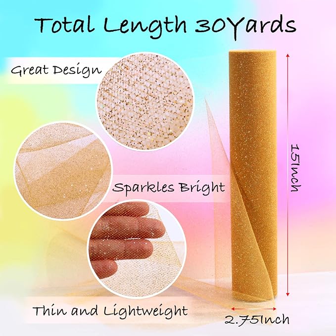 Sparkling Tulle Rolls, 15” by 30 Yards (90FT) Glitter Tulle Spool Ribbon Fabric for Wedding Birthday Bridal Shower Tutu Skirt Party Gift Wrapping (Gold)