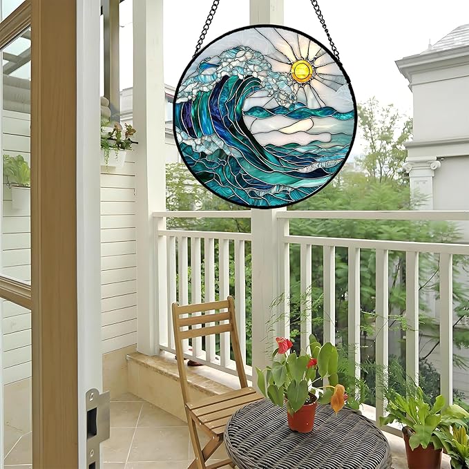 Stained Glass Window Hanging - Blue Green Waves Suncatcher for Door Terrace Garden Home Decor Sunrise Over The Sea Sun Catcher Birthday Gifts for Lovers Women Men Dad Mom Nana 6.3 in