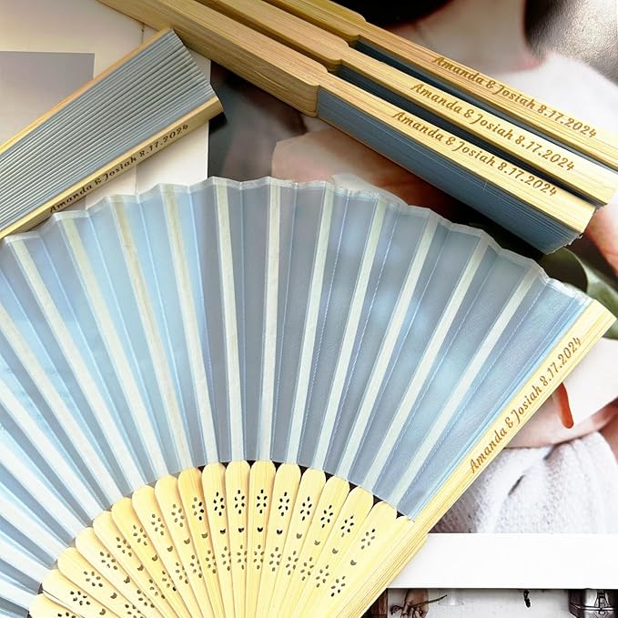 Personalized Engraved Light Blue Fans, Folding Hand Fans 70 Pcs, Wedding Party Favors, Custom Silk-Bamboo Fans
