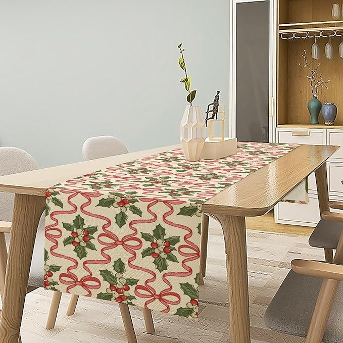 Christmas Table Runner,Xmas Holiday Bowknot Decor Table Cloth Kitchen Dining Table Decoration for Home Party Decor 13x60 Inch