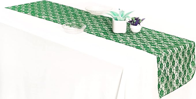 MDS Pack of 10 Wedding 12 x 108 inches Lace Table Runner for Wedding, Decorations for Birthday Parties, Banquets, Graduations, Engagements, and Runners fit Rectangle, Round Table- Hunter Green