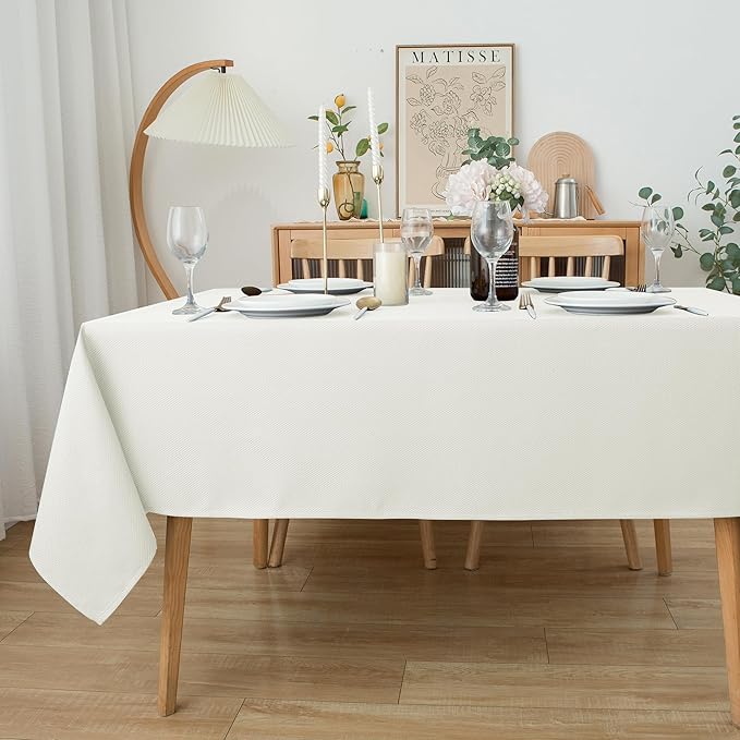 Biscaynebay Textured Fabric Tablecloths 70x120 Inches Rectangular, Ivory Water Resistant Tablecloths for Dining, Kitchen, Wedding, Parties etc. Machine Washable