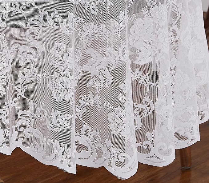 LinenZone Extra Large White Round Tablecloth for Rustic Vintage Decor. Sheer Lace Table Cloth Works Great As Wedding Tablecloth or Thanksgiving Table Cover. (Mia 120 Round, White)