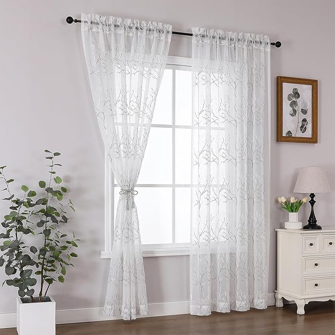 VISIONTEX Sheer Curtains 63 inch Length 2 Panels Set, Decorative Grey Coral Embroidery, Rod Pocket Embroidered Window Drapes for Living Room and Bedroom, 54" x 63"