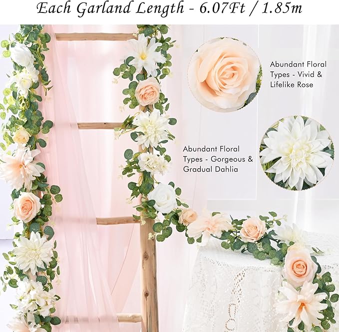 Waipfaru 2Pcs 6.07Ft Eucalyptus Greenery Garland with Flowers, Dusty Blue and White Rose Flower Vines for Wedding Table Runner Centerpieces Backdrop Room Decor