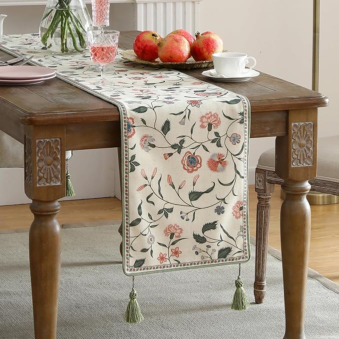 ISAENNE Designer Chinoiserie Elegant Linen Floral Extra Long Table Runner 118 Inches,White Wrinkle Resistant Table Runners for Dining Tables,Thanksgiving,Kitchen Tables,Christmas,12"*118"-Daffy A