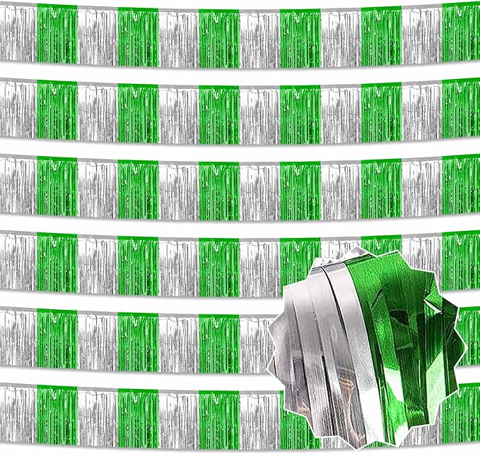 6 Pack 10 Ft Silver Green Foil Fringe Garland Metallic Streamers Tinsel Banner Wall Hanging Garland Backdrop for Parade Floats, Halloween, Christmas, Thanksgiving, New Year Party Decorations