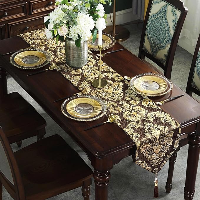Sophisticated Jacquard Dark Brown Chenille Table Runner with Bling Gold Embroidered 13x84 inches