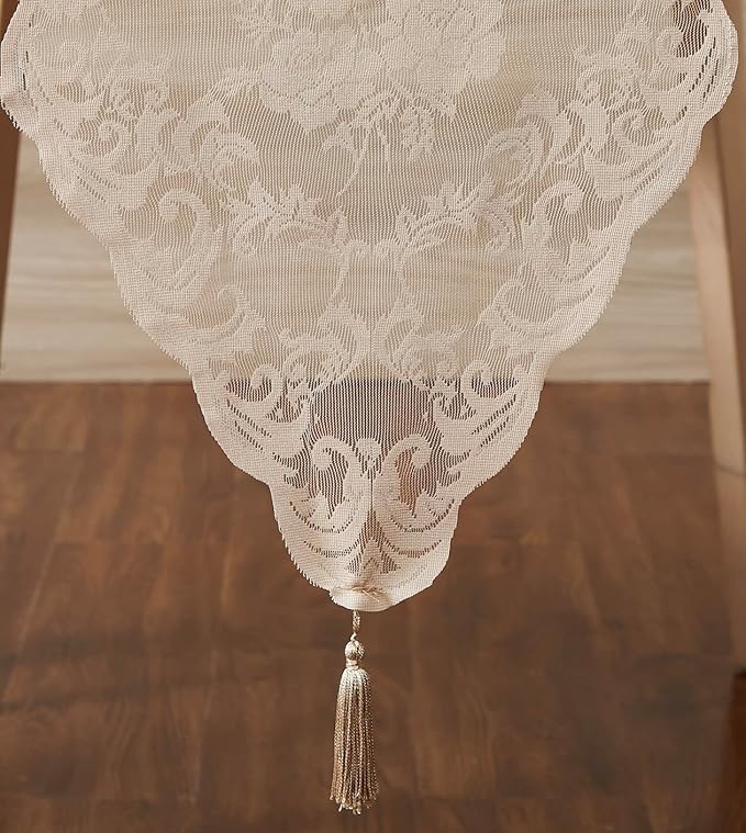 LinenZone Linen Table Runner with 2 Tassels for Rustic Vintage Decor. Lace Table Runner Works Great As Wedding, Thanksgiving, Christmas Decor (Mia 14 x 48, Linen)