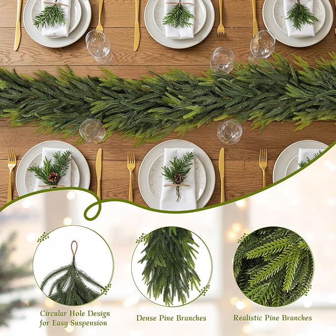 N&T NIETING 2 PCS Christmas Garland Norfolk Pine Garland Real Touch Faux Christmas Greenery Xmas Garland for Mantle, Table Holiday Winter Indoor Outdoor Christmas Decorations (9 FT)