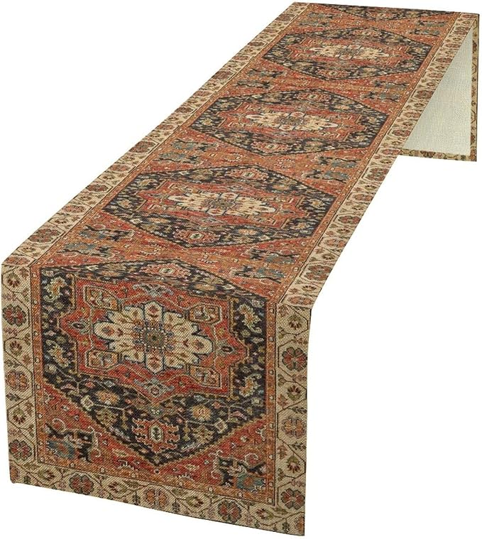 Vintage Boho Floral Table Runner, Rustic Country Farmhouse Orange Black Retro Flower Pattern for Home Kitchen Table Decor Dining Coffee Room Party Decor 13x36in