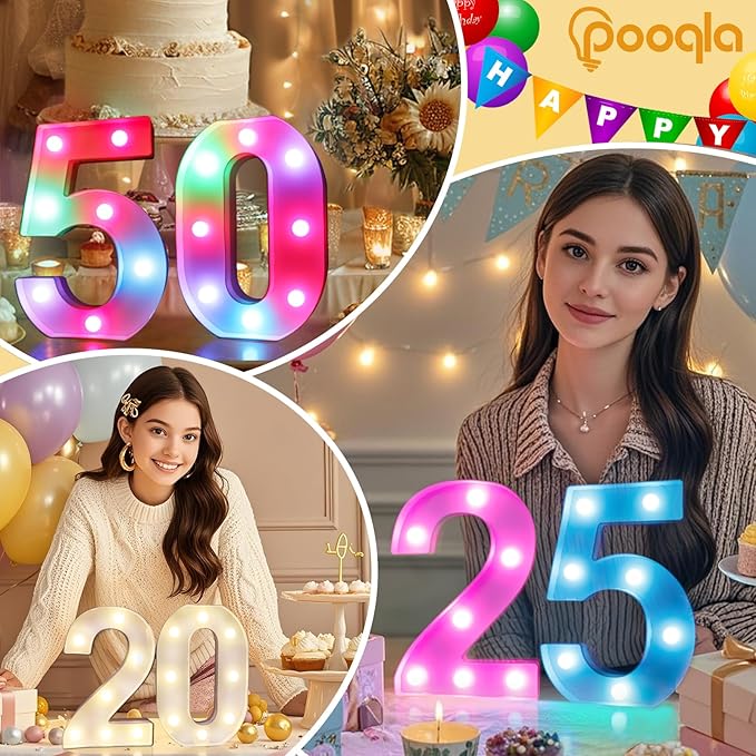 Pooqla Colorful Light Up Numbers, 35 Colors LED Marquee Number Lights for 1st Birthday Decorations with Remote, RGB Lighted Numbers Gift for Girls Boys for Party, Night Light, Room Decor, Number 1