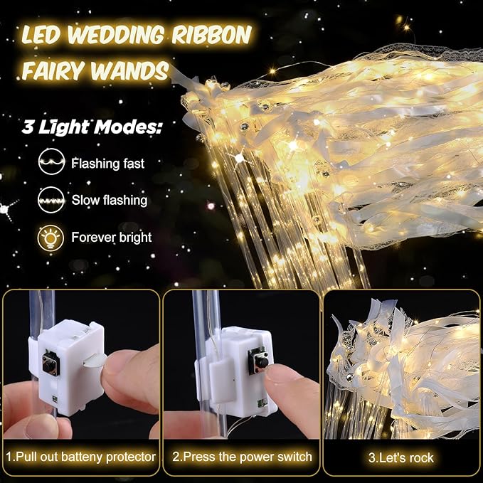 68PCS Light up Wands for wedding, Wedding Wands Streamers with 3 Colorful Flashing Modes, Fairy Wands, LED Silk Fairy Wand with Bells for Wedding, New Year, Thanksgiving, Concert