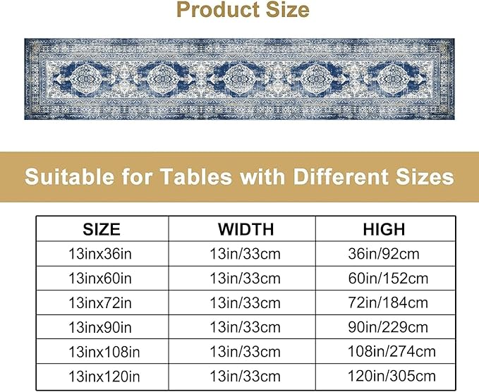 Vintage Boho Floral Table Runner, Rustic Country Farmhouse Blue Teal Retro Flower Pattern for Home Kitchen Table Decor Dining Coffee Room Party Decor 13x108in