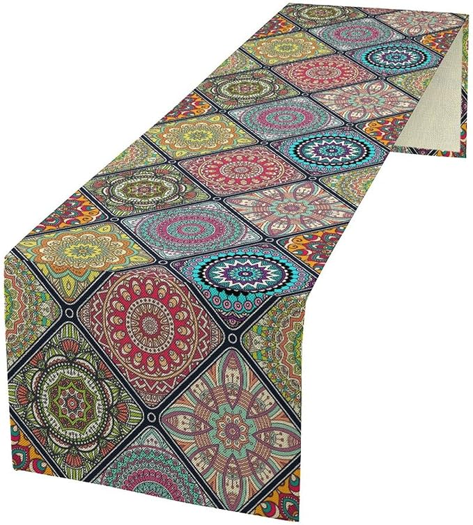 Boho Bohemian Table Runner, Vintage Indian Floral Print Table Cover for Farmhouse Kitchen Dining Table Decor Holiday Party, 13x120inch