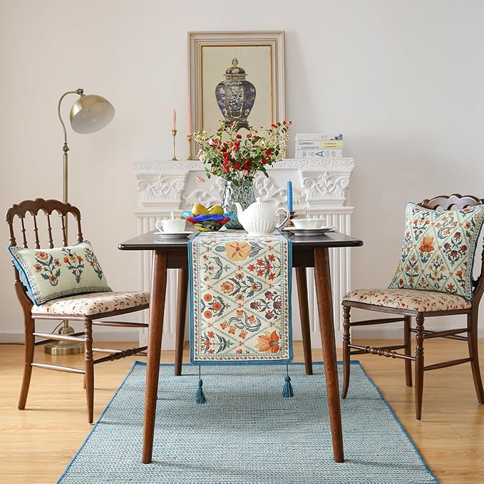 ISAENNE Designer Bohemian Elegant Linen Extra Long Table Runner 118 Inches,Colorful Flower Pattern Table Runners for Dining Tables,Thanksgiving,Kitchen Tables,Christmas,12"*118"-Floralsea A