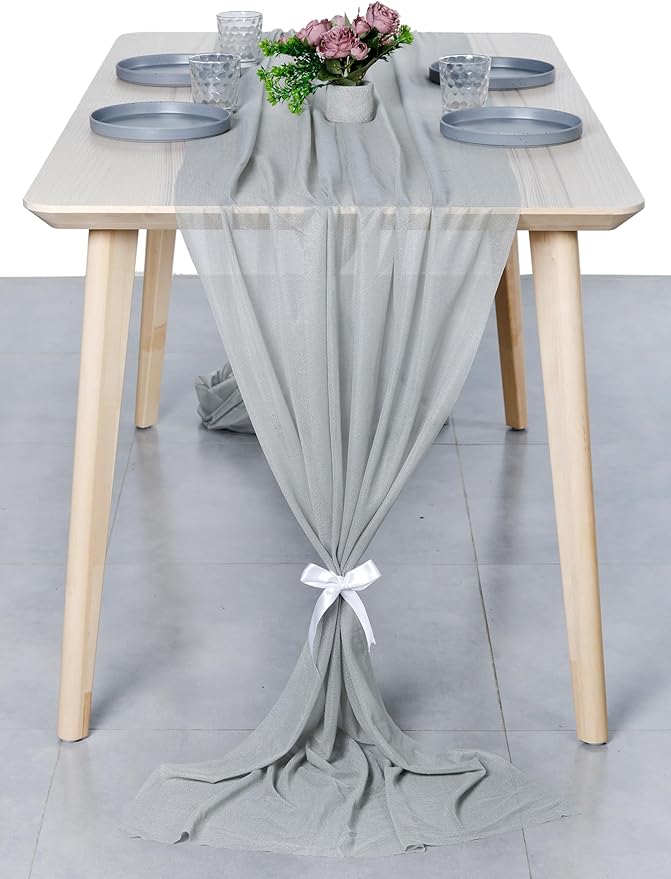 MDS Halloween Chiffon Table Runner - 15 Pack, 29 x 120 Inches, 10ft Each - Sheer Spooky Table Runners for Haunted House Parties, Trick-or-Treat Tables, Witchy Décor, Wedding & Events - Gray