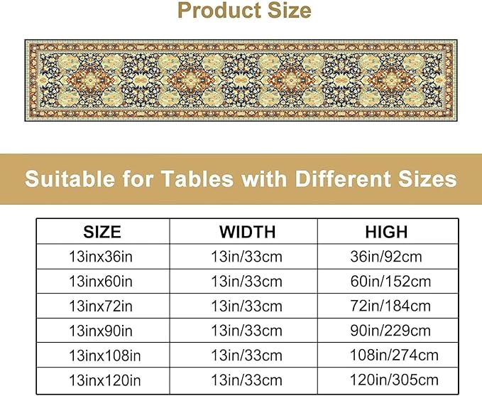 Vintage Boho Floral Table Runner, Elegant Luxurious Rustic Country Farmhouse Navy Blue Gold Retro Flower Pattern for Home Kitchen Table Decor Dining Coffee Room Party Decor 13x36in