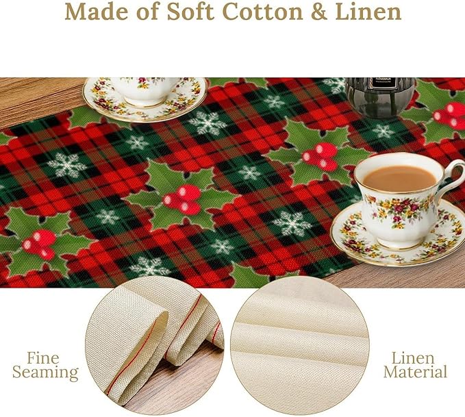 Christmas Table Runner, Red Check Plaid Winter Xmas Holiday Table Cloth Kitchen Dining Table Decoration for Home Party Decor 13x90 Inch
