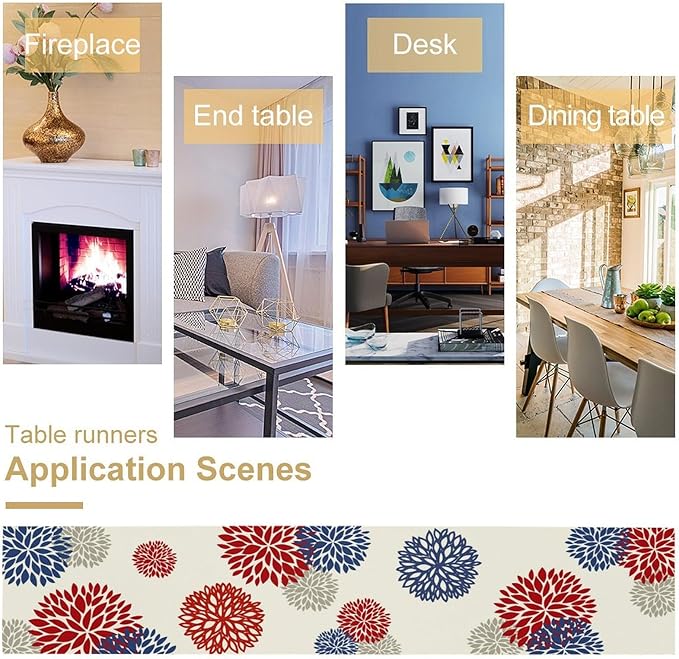 4th of July Table Runner, Blue Red Dahlia Flower American Patriotic Memorial Day Table Runner for Farmhouse Kitchen Dining Table Party Decor, 13x60inch