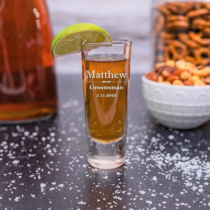 Custom Engraved Shot Glass – 2oz Tall Clear Glass – Personalized Gift for Wedding Party – Classic Etched Barware Keepsake for Groomsmen, Bridesmaids, and More (2)