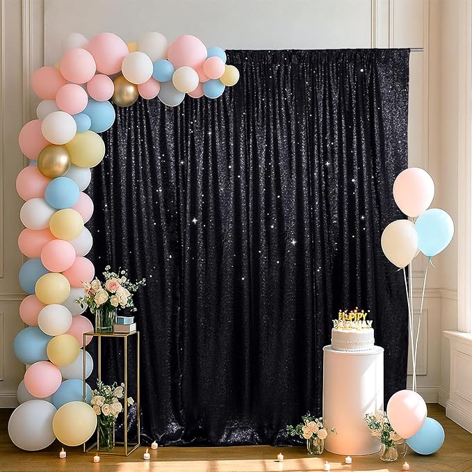 SquarePie Sequin Backdrop Curtain Less Transparent Sparkly Photo Booth Photography Background for Wedding Halloween Patry 10FT x 10FT Black