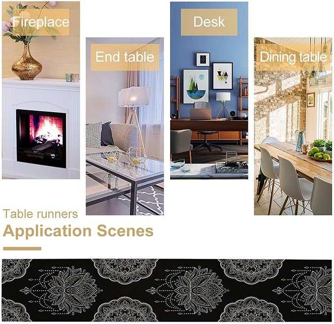 Lotus Flower Table Runner, Bohemian Ethnic Oriental Mandala Black White Floral Print Table Runner for Home Kitchen Dining Indoor Outdoor Dinner Party Decor, 13x60inch