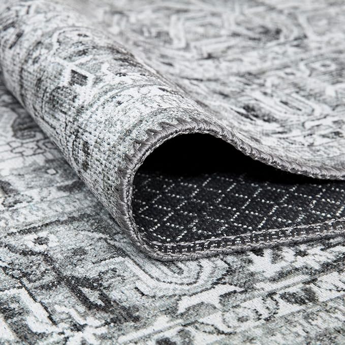 Bloom Rugs Washable Non-Slip 4' x 6' Rug - Gray/Charcoal Traditional Medallion Area Rug for Living Room, Bedroom, Dining Room, and Kitchen - Exact Size: 4' x 6'