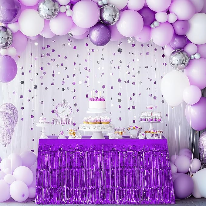 2 Pack Light Purple Dark Purple Table Skirts, 29x108" Metallic Foil Tinsel Fringe Table Skirt for Rectangle Tables Streamer Curtains Backdrop, Party Decorations for Birthdays, Weddings, Holidays