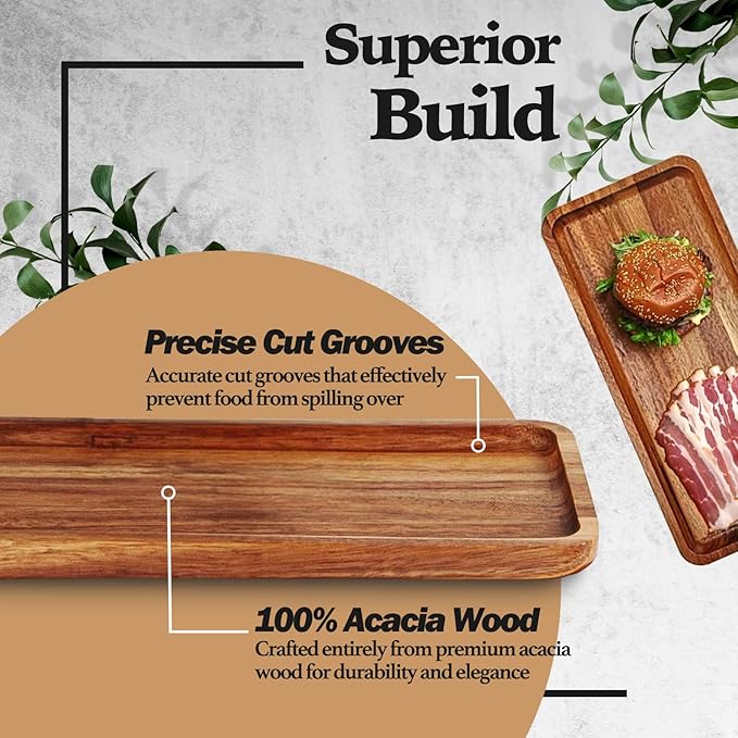 Versatile Acacia Wood Serving Trays - Set of 3 Elegant Platters for Home Decor and Hosting - Perfect for Cheese, Fruit, and Charcuterie Presentation (Large)