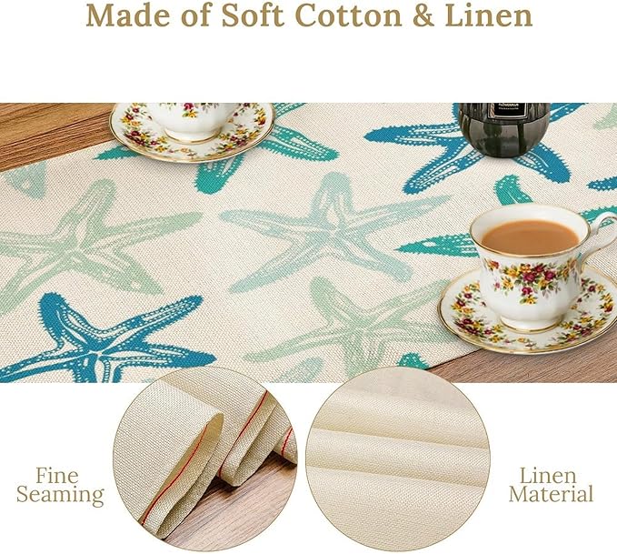 Starfish Plaid Table Flag Green Plaid and Marine Life Starfish Kitchen Table Flag Suitable for Birthday Party Restaurant Decoration Outdoor Picnic 13 * 90 Inch