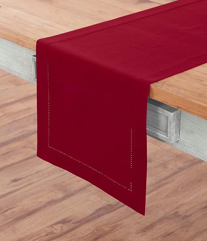 Solino Home Cotton Linen Red Table Runner 90 Inches Long - Hemstitch 14 x 90 Inch Table Runner for Fall, Autumn, Halloween, Christmas, Holiday