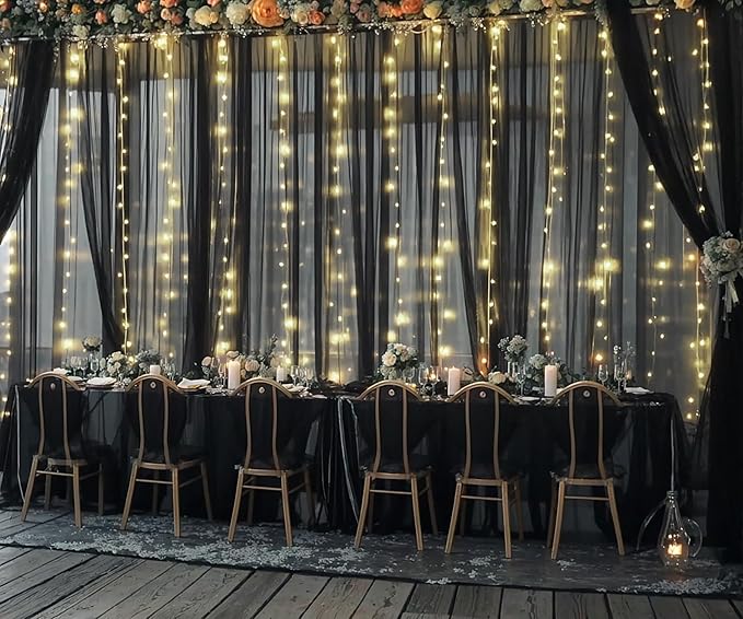 10ft x 10ft Black Tulle Photo Backdrop Curtain with Lights String for Parties Sheer Black Curtain Backdrop for Birthday Party Baby Shower Wedding Photo Booth Photography Background Decorations