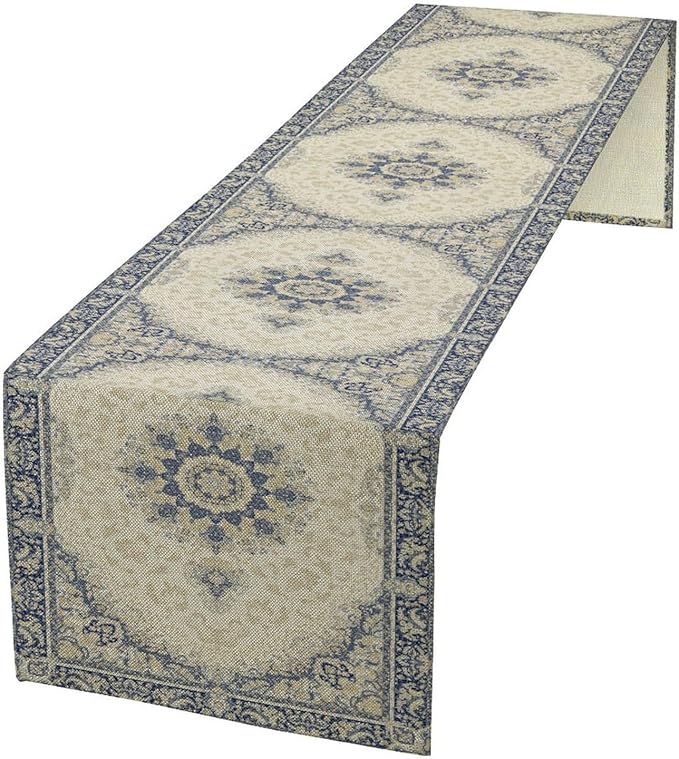 Boho Bohemia Style Table Runner, Vintage Blue Gold Retro Flower Rustic Country Style Floral Print Pattern for Home Kitchen Table Decor Dining Coffee Room Garden Party Decor 13x36in