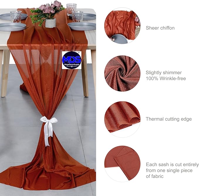 MDS 2 Pack 10ft Chiffon Table Runner 29 x 120 Inches Sheer Wedding Runner Romantic Rustic Table Runner for Wedding Decorations, Birthday Parties, Bridal Shower Party Arch Decor - Terracotta
