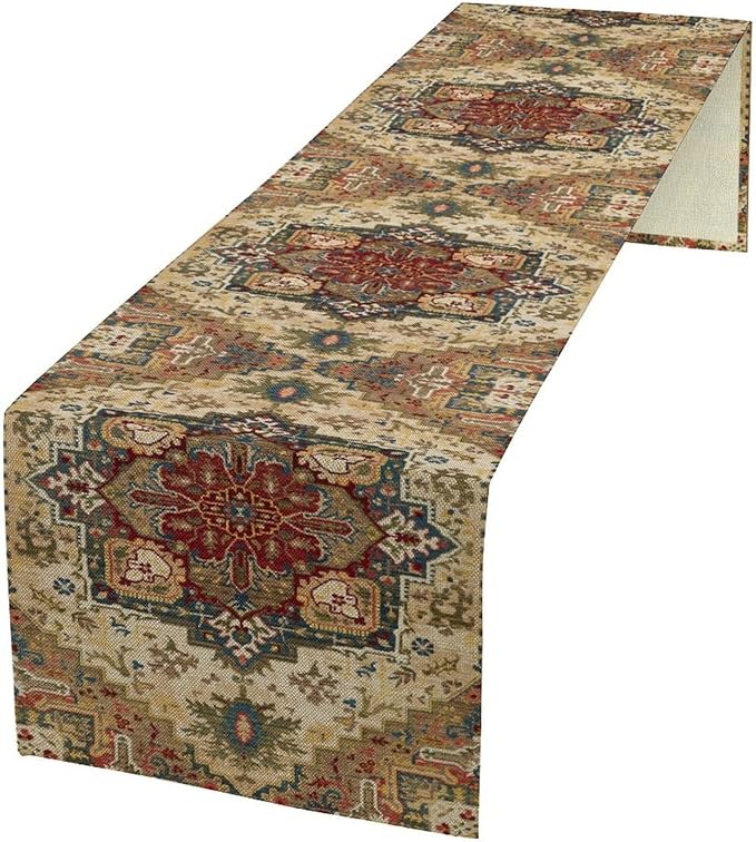 Boho Bohemia Style Table Runner, Vintage Yellow Brown Retro Flower Rustic Country Style Floral Print Pattern for Home Kitchen Table Decor Dining Coffee Room Garden Party Decor 13x120in