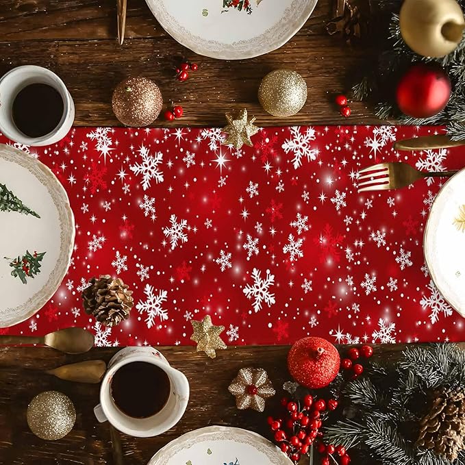 Christmas Snowflakes Cotton Linen Table Runner for Dining Kitchen, Red Xmas Winter Snow Wedding Outdoor Party Tablerunners Decoration, New Year Dresser Scarf Coffee Tablecloth Runners 13x60 Inches