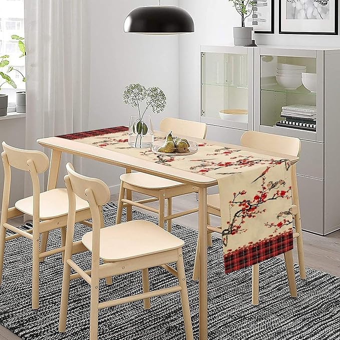 Bird Table Runner,Red Black Buffalo Plaid Blossom Seasonal Table Runner for Kitchen Dining Table Decoration Home Party Decor 13x36 Inch