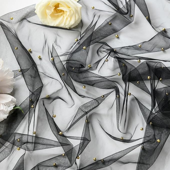 Artoid Mode 6PCS Pearl Black Gauze Table Runner 120 Inch 10FT, Seasonal Sheer Dining Holiday Wedding Birthday Baby Shower Table Decor for Home Party