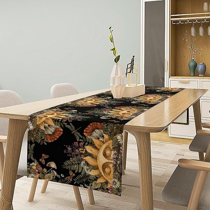 Sun Moon Table Runner, Bohomian Mushroom Daisy Table Gothic Dragonly Butterfly Table Center Decor Table Runner for Indoor Outdoor Party Kitchen Dinner Black, 13x60 Inch